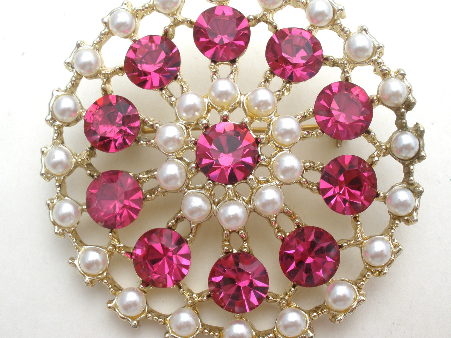 Fuchsia Pink & Pearl Brooch Pin Vintage