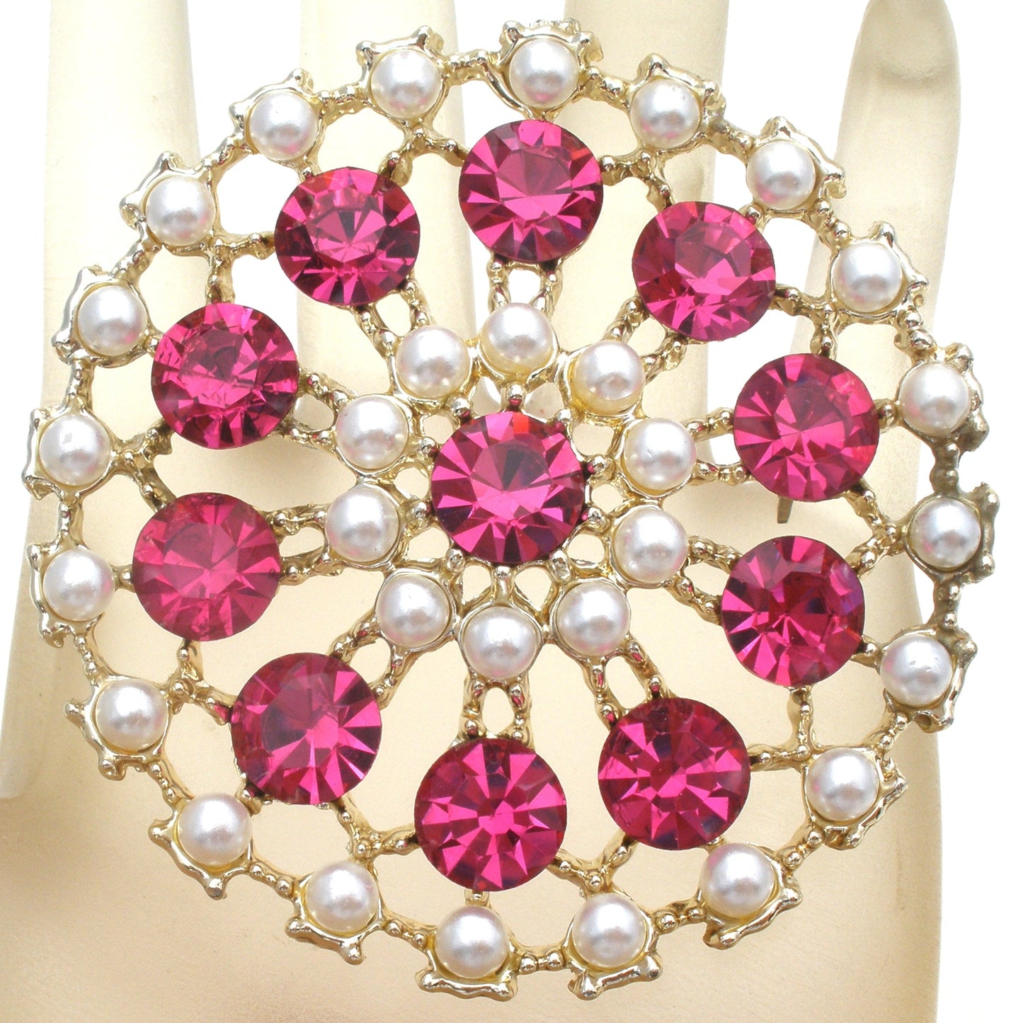 Fuchsia Pink & Pearl Brooch Pin Vintage